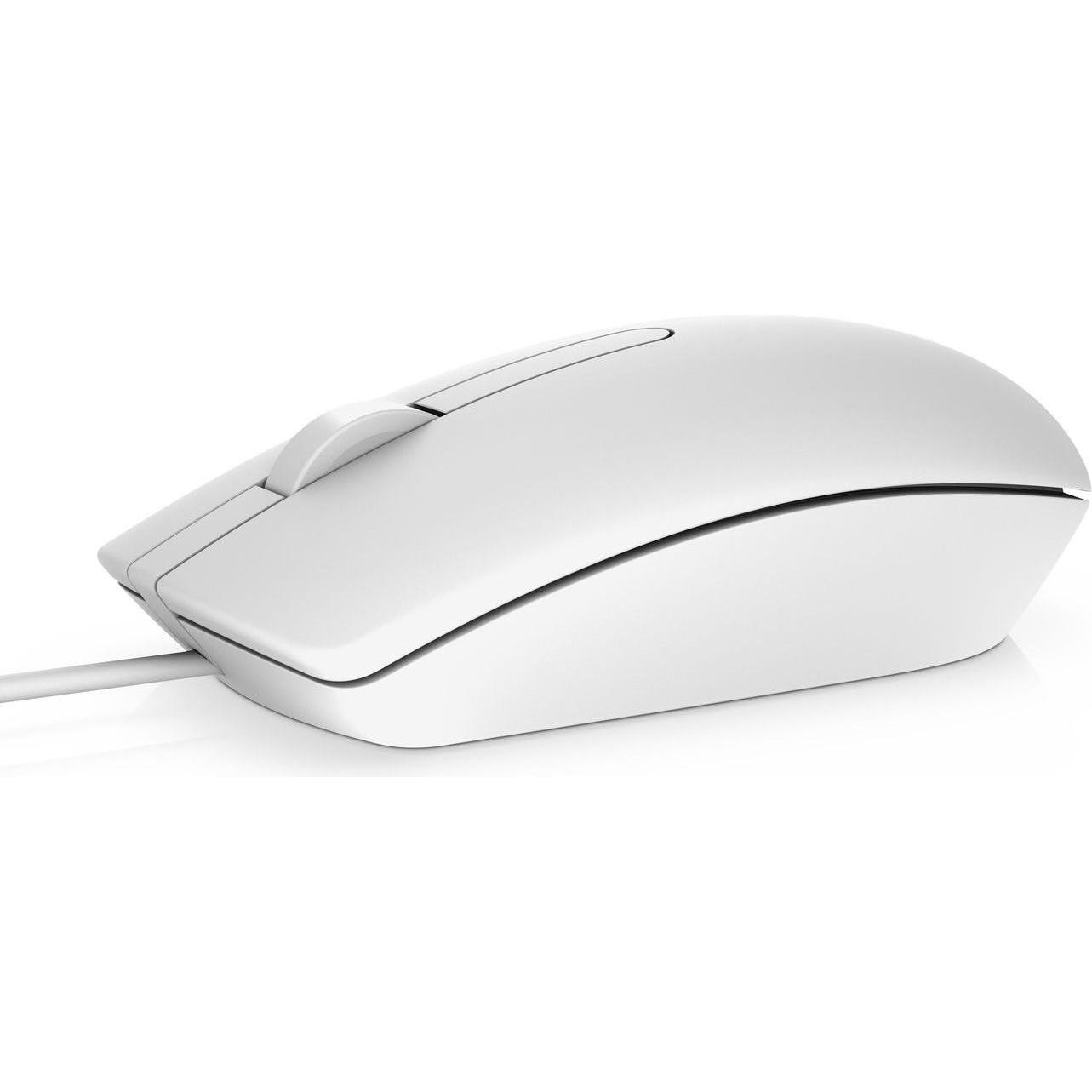 White wired Dell Opicl Mouse-MS116 featuring a smooth, ergonomic design, a scroll wheel, and two side buttons for easy navigation.