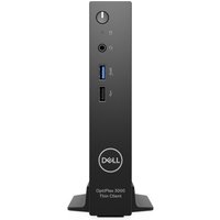 Black Dell OptiPlex 3000 thin client with vertical design, USB ports, and power button on front panel.