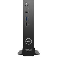 Black Dell OptiPlex 3000 Thin Client with vertical stand, front USB ports, power button, and Dell logo.