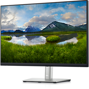 Dell P2423 monitor features a sleek black bezel, a silver stand, and a vibrant display showcasing a scenic landscape with mountains and a reflective lake.