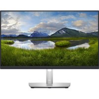 Dell P Series 24 USB-C Hub Monitor with slim bezels, silver stand, displaying a scenic mountain and lake view.