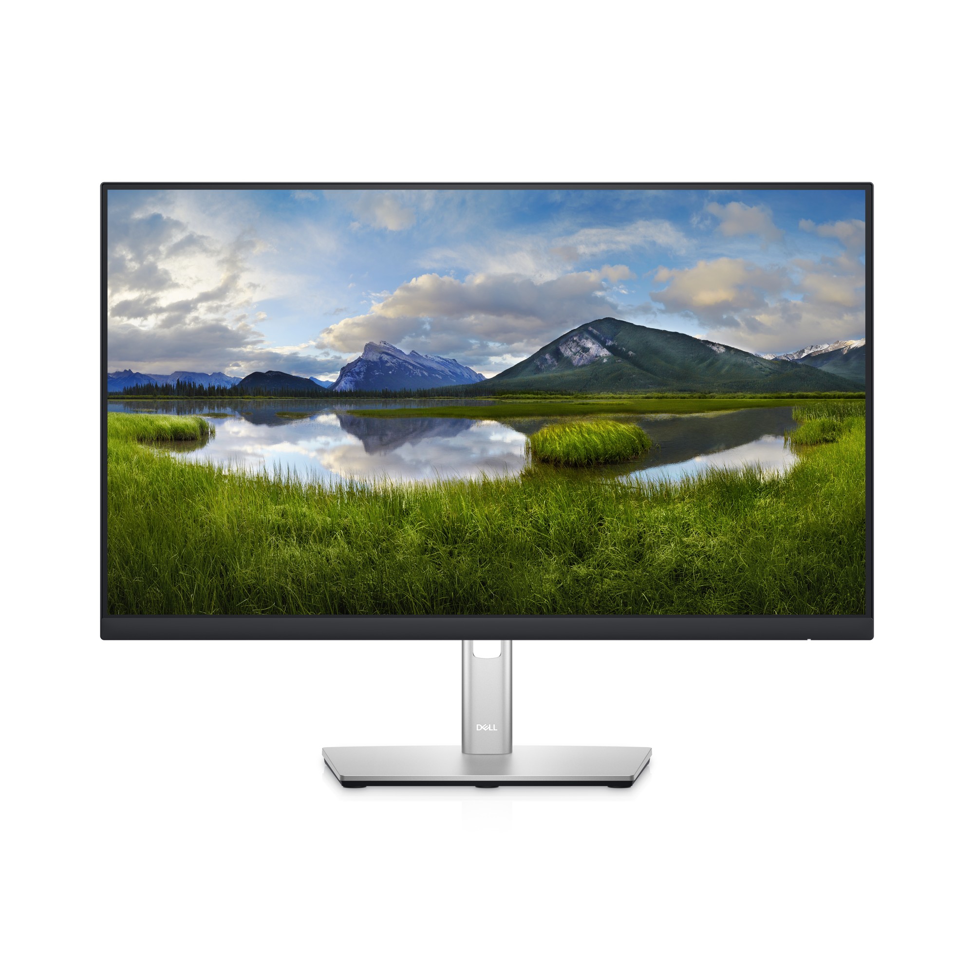 DELL P2422HE monitor features a sleek black bezel, a silver stand, and a 23.8-inch display with a vibrant landscape image, showcasing its 1920 x 1080 resolution.
