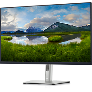 31.5-inch DELL P3223DE monitor with a sleek black frame, featuring a high-resolution 2560 x 1440 Quad HD display and an adjustable silver stand, showcasing a vibrant landscape on screen.