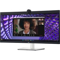 Black Dell P3424WEB 34.1" monitor, 3440x1440 4K Ultra HD, slim bezels, built-in webcam, on a silver stand.