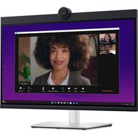 27" Dell P2724DEB Quad HD LCD monitor, slim bezels, built-in webcam, silver stand, displaying video call interface.