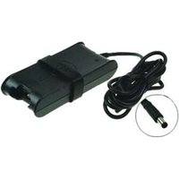 Black Dell PA-12 power adapter with attached cord and round connector, compact rectangular design.