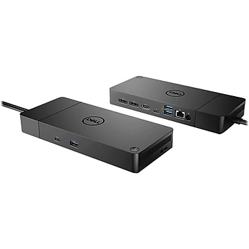 Black Dell WD19DC 210W Performance Docking Station featuring multiple ports including USB-C, USB-A, HDMI, and Ethernet, with a sleek, rectangular design and a power cable attached.