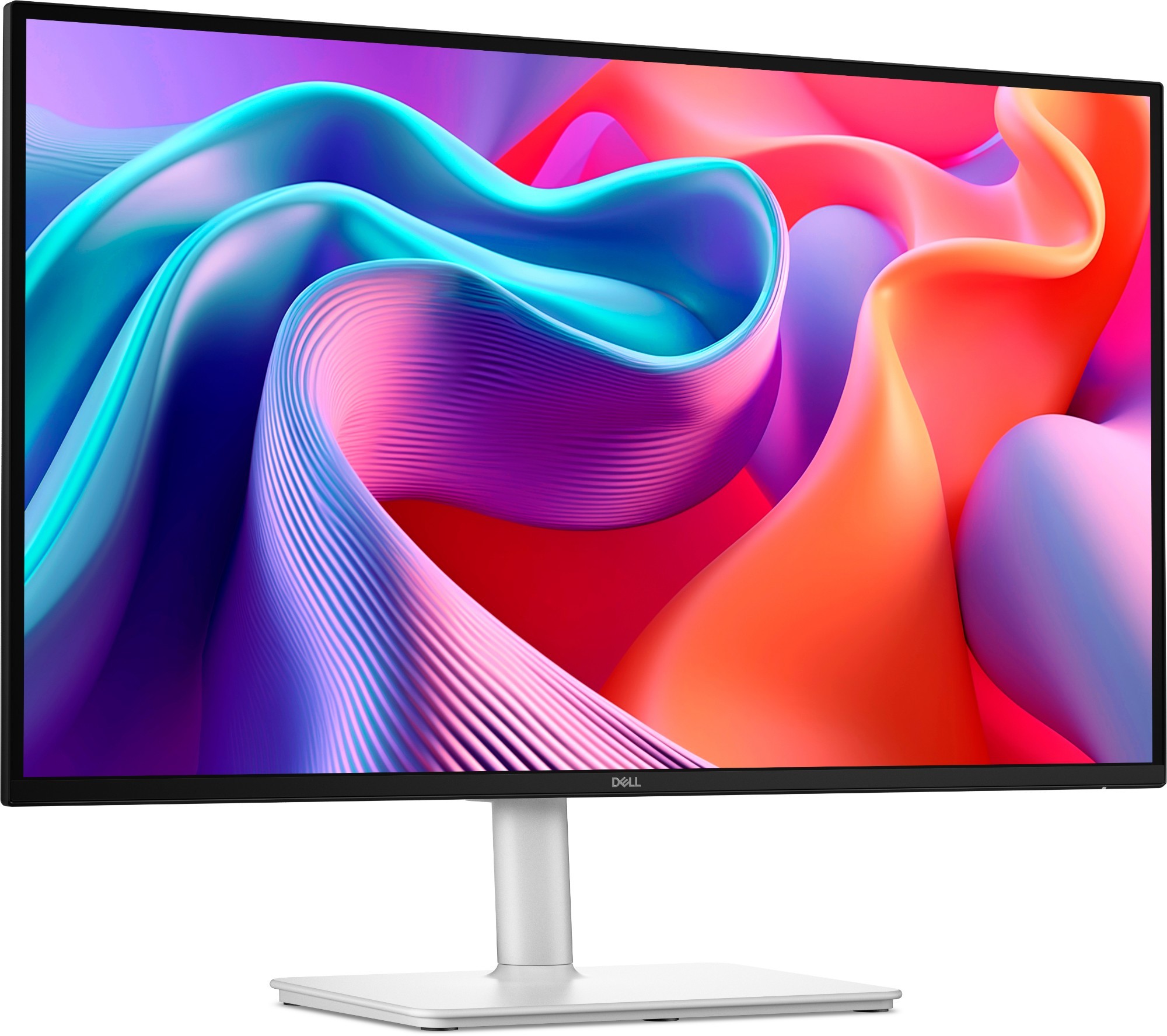 27-inch DELL Plus S2725DSM monitor with a sleek white frame, featuring a vibrant Quad HD display with 2560 x 1440 resolution and a modern, minimalist design.
