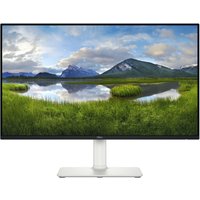 White Dell Plus S2725HS 27" Full HD LCD monitor with slim bezels and rectangular stand displaying a scenic landscape.