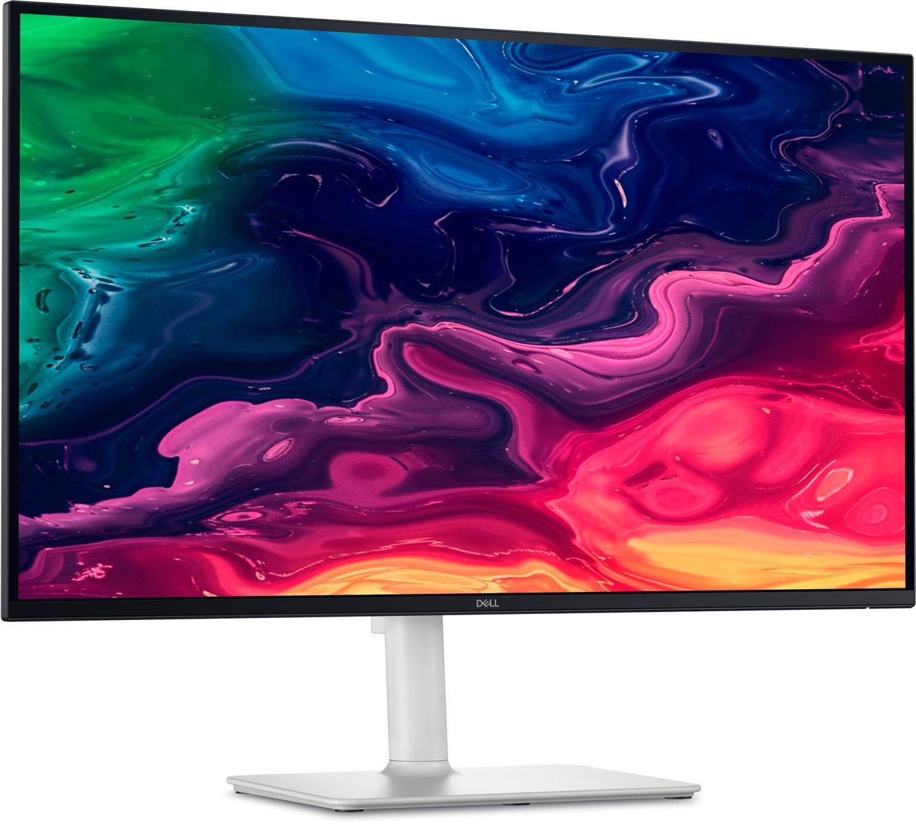 27-inch DELL Plus S2725QC monitor with a sleek silver stand, featuring a vibrant 4K Ultra HD display with a colorful abstract design on the screen.