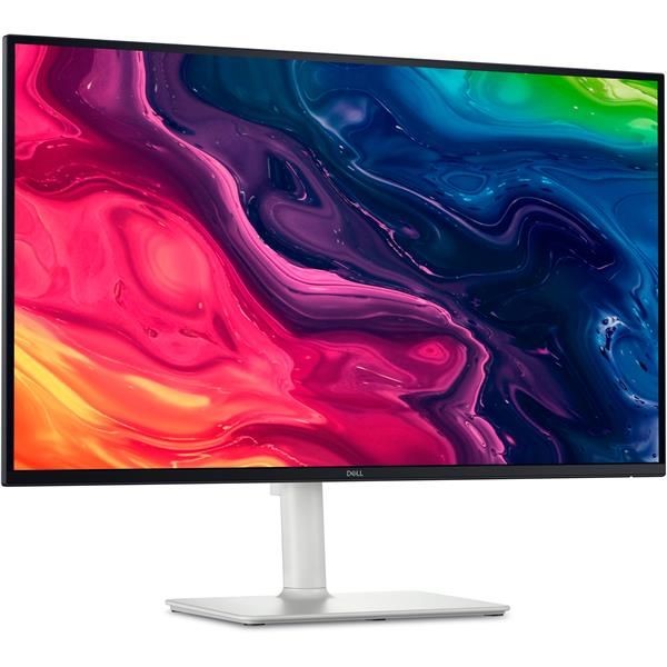 27-inch DELL Plus S2725QS monitor with a sleek silver finish, featuring a 4K Ultra HD display and vibrant colors, mounted on a minimalist white stand.