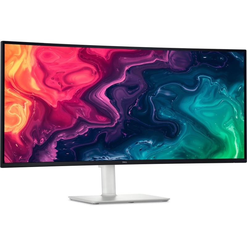 34-inch DELL Plus S3425DW monitor with a sleek silver finish, featuring a curved display and vibrant Wide Quad HD resolution of 3440 x 1440 pixels, mounted on a sturdy base.