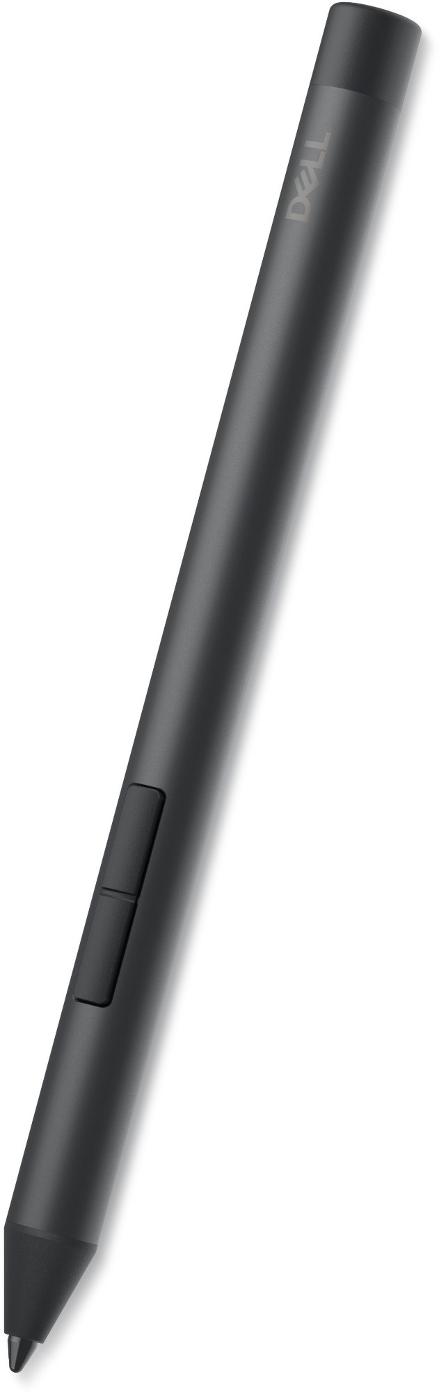 Black DELL PN5122W stylus pen with a sleek design, featuring two side buttons and a fine tip, made of matte material for a comfortable grip.