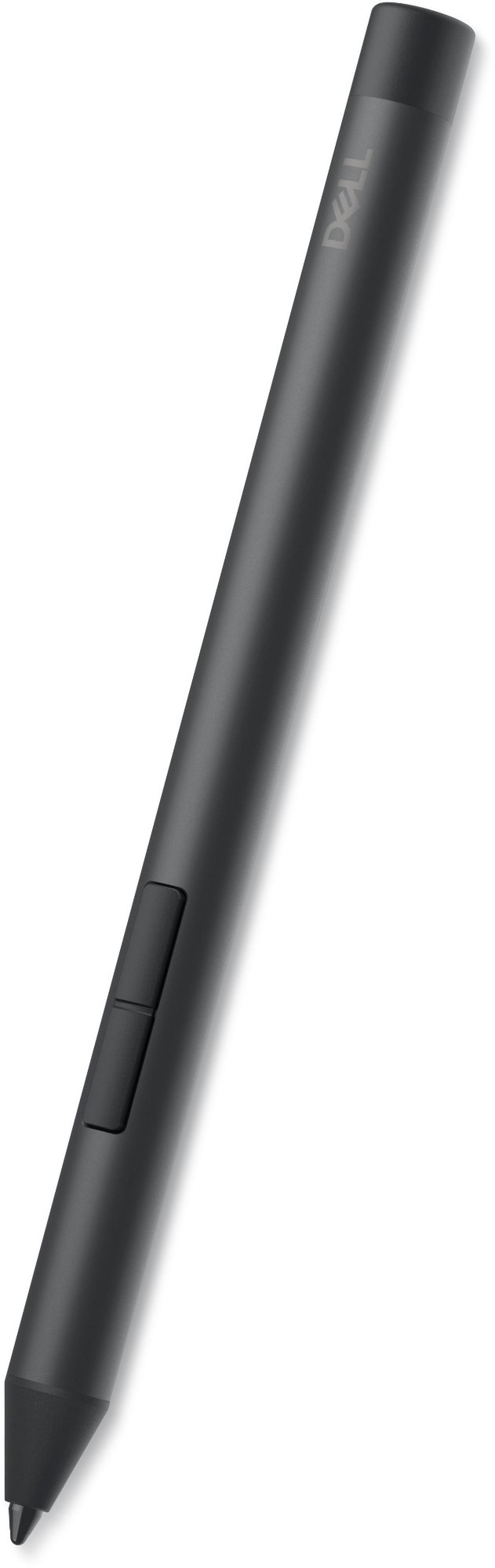 Sleek black stylus pen with a smooth finish, featuring two side buttons and a fine tip, designed for precision on touchscreens, labeled with the Dell logo.