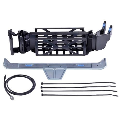 Black cable management arm with a sturdy metal base, featuring blue locking clips, a flexible design, and accompanying zip ties for organization.