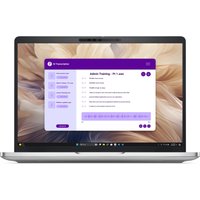 Dell Pro 13 Plus laptop, 13.3-inch display, slim silver design, black keyboard, screen showing a purple interface.
