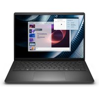 Black Dell Pro 14 laptop with slim bezels, backlit keyboard, and open screen displaying software interface.