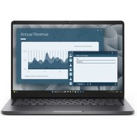 Black Dell Pro 14 laptop with AMD Ryzen 5, 14-inch screen displaying graphs and charts, sleek design.
