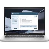 Silver Dell Pro 14 Plus laptop with black keyboard, thin bezels, and AI interface on screen.