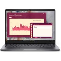 Black Dell Pro 14 U5 laptop with 14-inch screen, thin bezels, displaying graphs and chat windows on Windows 11.
