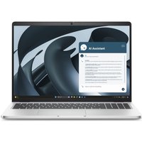 Silver Dell Pro 16 Plus laptop with black keyboard, large screen displaying AI assistant interface.