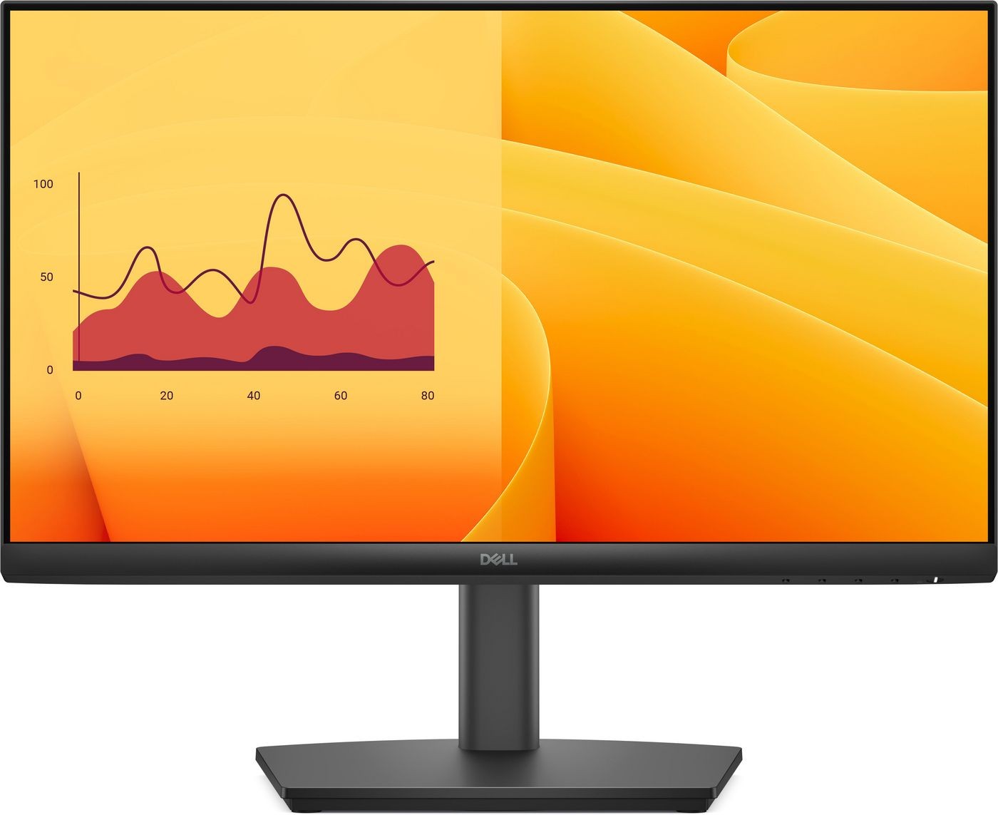 Dell Pro 22 Djusle Snd monitor features a sleek black design with a slim profile, displaying vibrant orange graphics and a colorful chart on its screen.