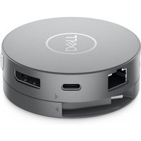 Round silver Dell USB-C travel hub with multiple ports including USB, HDMI, and Ethernet, compact design.