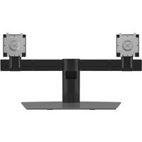 Black Dell Pro Dual Monitor Stand MDS19 with adjustable arms and rectangular base.
