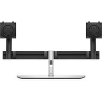 Black and silver Dell Pro dual monitor stand with adjustable arms and rectangular base.