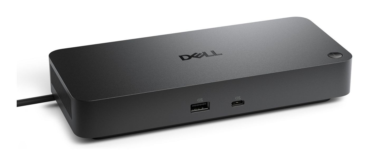 Black rectangular docking station with a matte finish, featuring multiple ports including USB-A and USB-C, and a power button on the side, designed for enhanced connectivity.