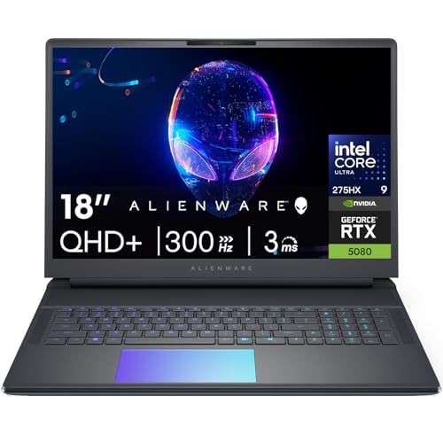Alienware 18-inch gaming laptop with a sleek black design, 18" QHD+ display, GeForce RTX 5080, Intel Ultra 9 processor, and customizable AlienFX RGB lighting.
