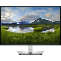 Black Dell Pro Plus P2425E monitor, 24.1" WUXGA LCD, slim bezels, silver stand, displaying a mountain landscape.