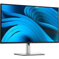 Dell Pro Plus P2725DE 27" monitor, Quad HD, black bezel, silver stand, displaying blue abstract pattern.