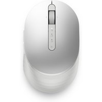 Silver Dell wireless mouse with sleek design, scroll wheel, and side buttons, compact and ergonomic shape.