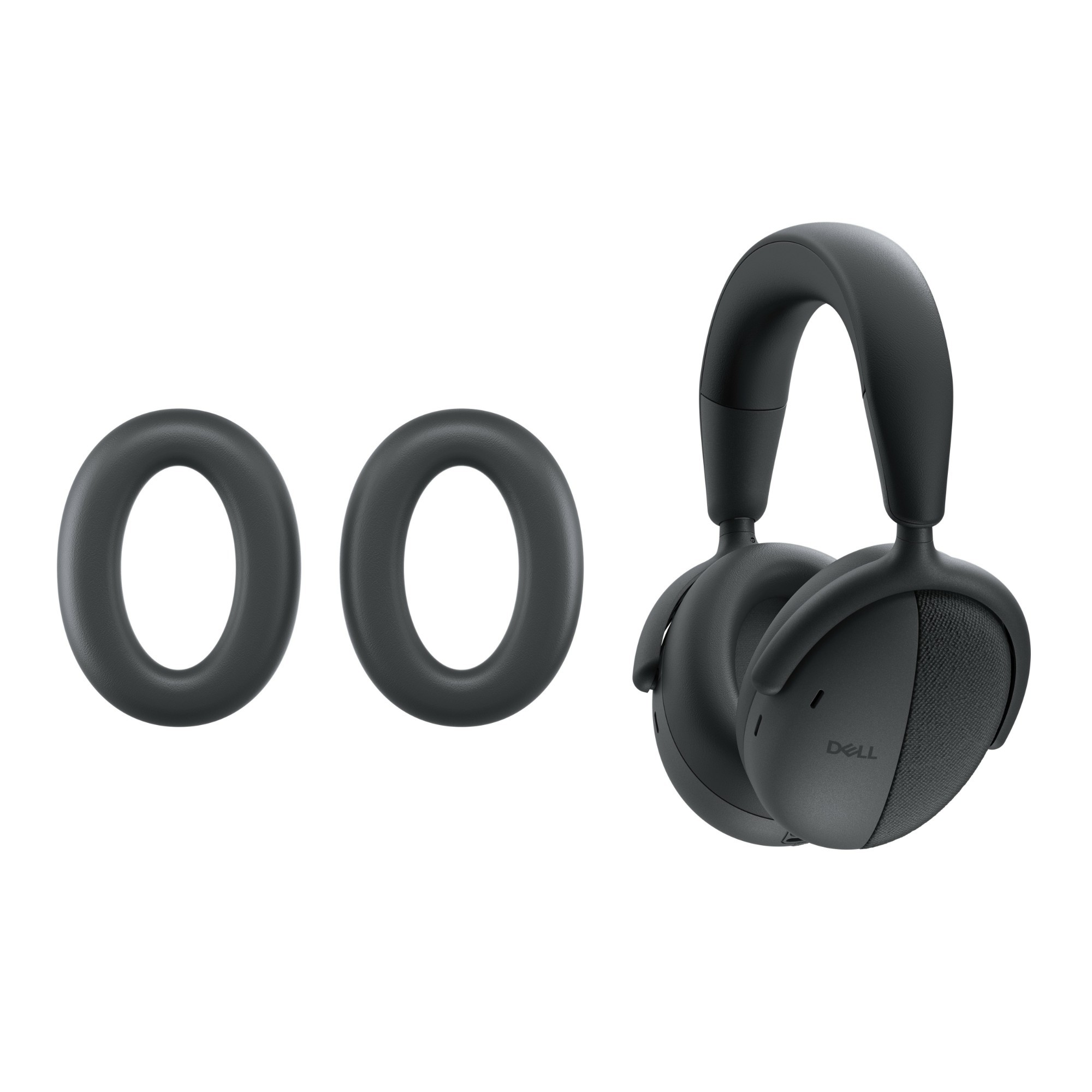 Black DELL Pro Premium Wireless Headset with soft ear cushions, featuring a sleek design and adjustable headband, accompanied by two additional black ear cushions.