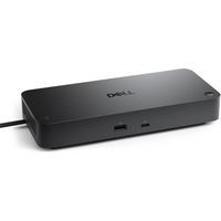 Black Dell Pro SD25 wired Type-C docking station with multiple ports and sleek rectangular design.