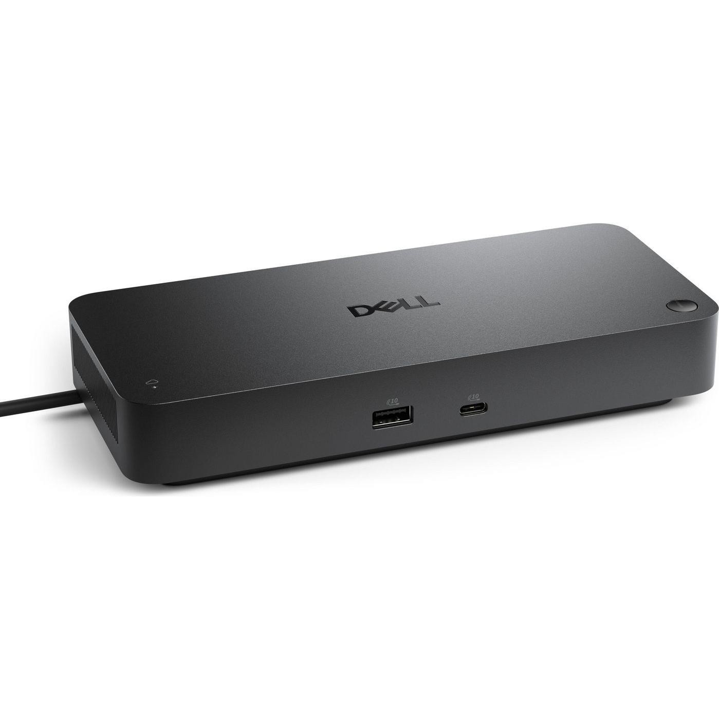 Black DELL Pro Smr Dock SD25 with a sleek design, featuring multiple USB ports and a USB-C port on the front, designed for seamless connectivity and charging.