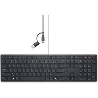 Black Dell Pro Wired Collaboration Keyboard KB525C with UK QWERTY layout, USB-A connector, and dedicated media keys.