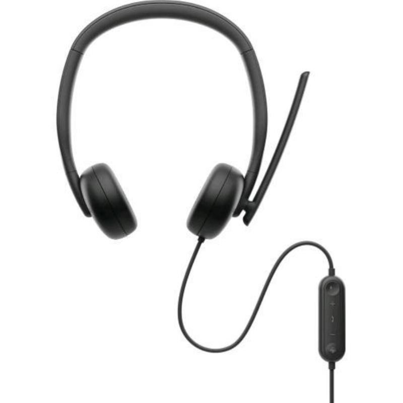 Black wired headset with adjustable headband, padded ear cushions, a flexible microphone, and an in-line control for volume and mute functions.