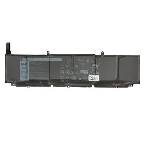 Black Dell laptop battery with a sleek design, featuring multiple connection points, labeled specifications, and safety icons on the surface.