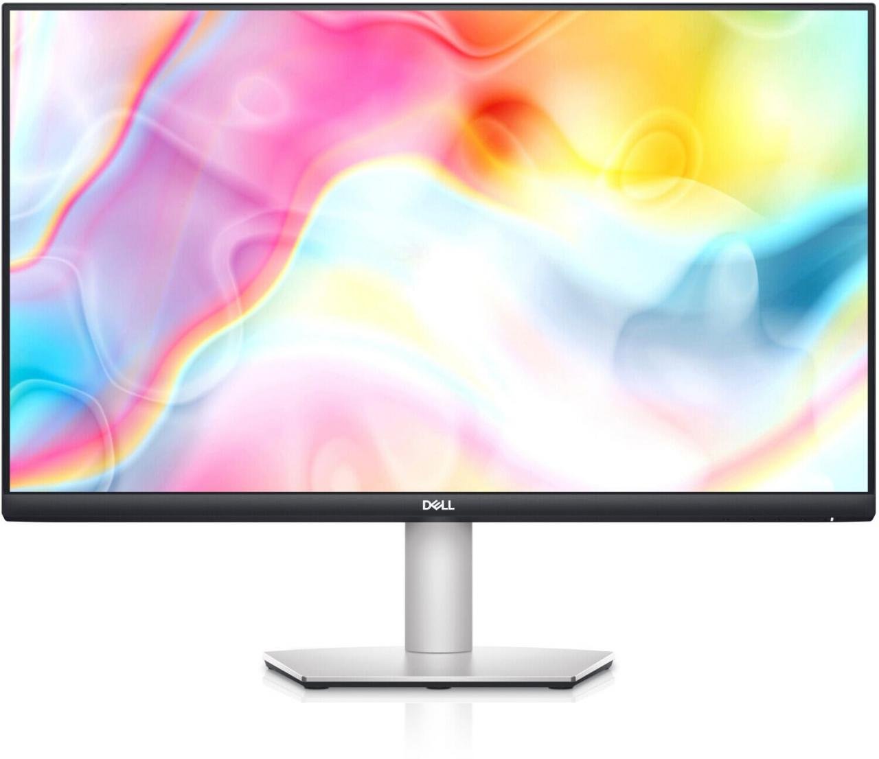 27-inch DELL S2722QC monitor with a sleek grey finish, featuring a thin bezel and a sturdy silver stand, displaying vibrant 4K Ultra HD visuals with a colorful abstract background.
