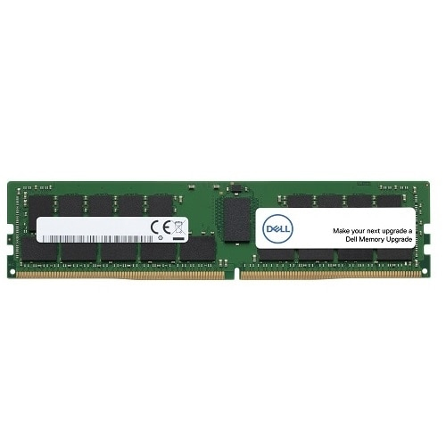 Green circuit board memory module with one 8 GB DDR4 chip, featuring a Dell logo, CE mark, and a white label with text for memory upgrade instructions.