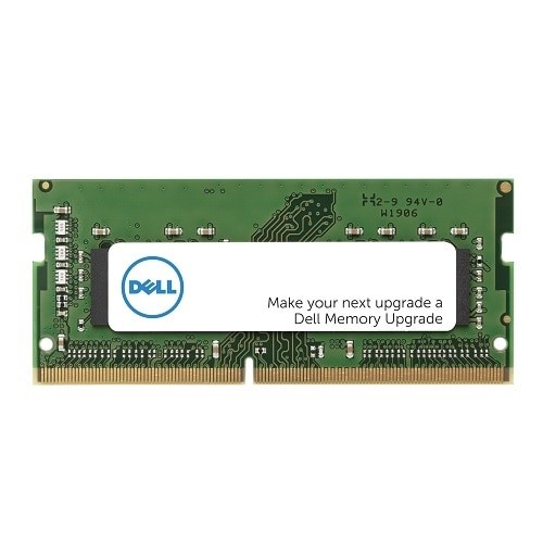 Green circuit board with gold connectors, featuring a white label with the Dell logo and text, indicating a 32 GB DDR5 memory module.
