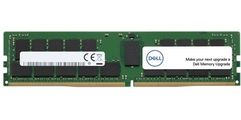 Green circuit board with black memory chips, featuring a white label with Dell branding, indicating an 8 GB DDR4 memory module.