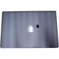 Silver Dell laptop cover with logo and black square near the center.
