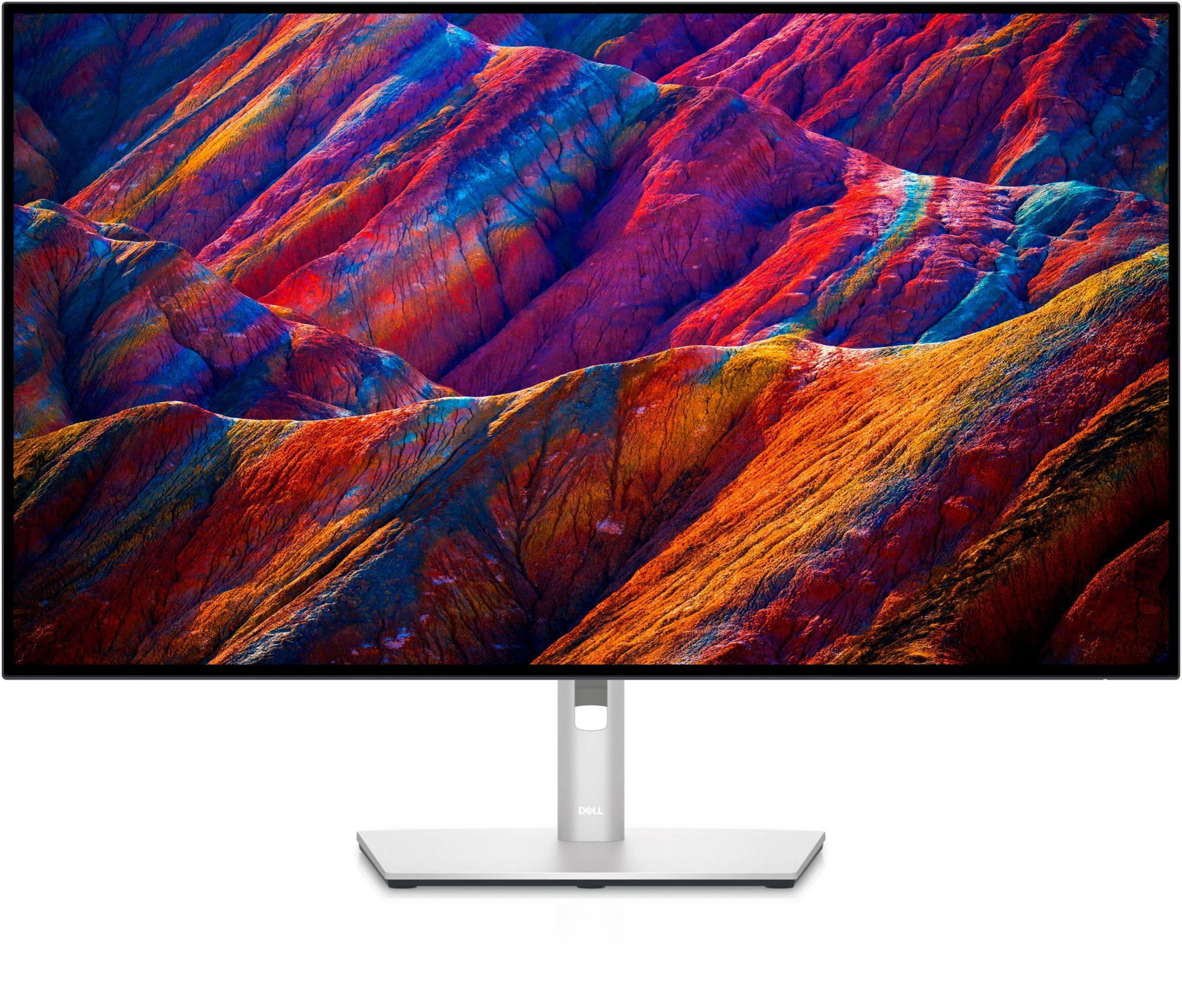 Dell UltraSharp 32 4K USB-C Hub Monitor features a sleek silver stand, ultra-thin bezels, and vibrant color display showcasing rich, textured mountain landscapes.