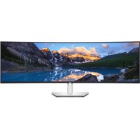 Dell UltraSharp 49" 5K curved monitor with USB-C hub, slim bezels, and a wide panoramic display showing a mountain landscape.