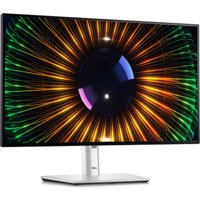 Dell UltraSharp U2424H monitor, 23.8" Full HD, black bezel, silver stand, displaying colorful radial pattern.