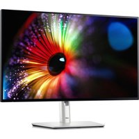 Dell UltraSharp U2724D monitor, 27" Quad HD, black bezel, silver stand, vibrant display with colorful eye graphic.