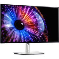 Dell UltraSharp U2724DE monitor, 27" Quad HD, black frame, silver stand, vibrant display with colorful abstract design